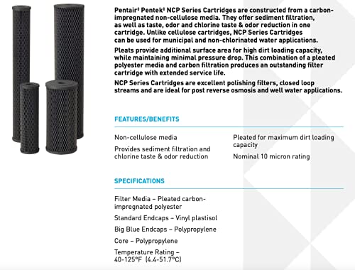 Pentair Pentek NCP-10 Carbon Water Filter, 10-Inch, Under Sink Non-Cellulose Carbon Impregnated Pleated Filter Cartridge, 10" x 2.5", 10 Micron - size: Pack of 1, style: 10" x 2.5"