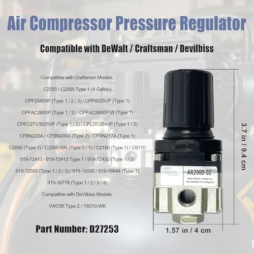 D27253 Air Compressor Regulator With Gauge & Bracket Fits for Dewalt for Craftsman for Devilbiss 4-Port Design: 1/4 Npt In/Out 1/8 Gauge Ports. Adjustable 0-150 Psi Pressure Control
