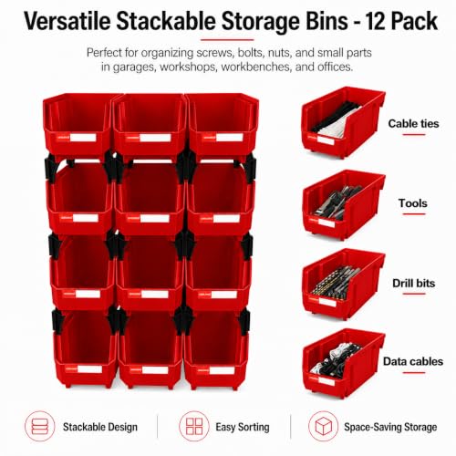 12 Pack Stackable Storage Bins Heavy Duty Parts Organizer Red - color: Red-12 Pack, size: 11"x5"x5"