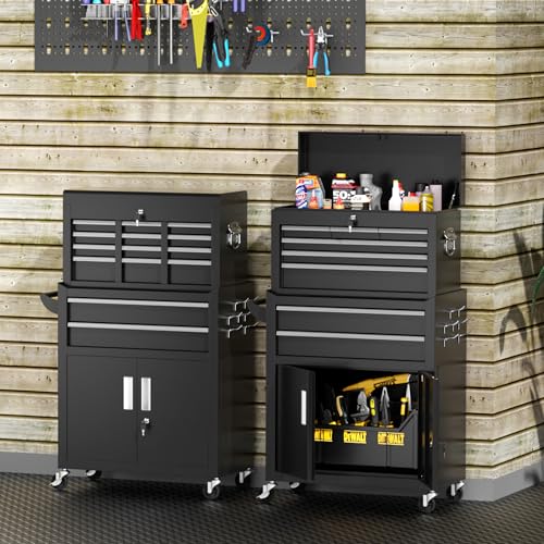 INTERGREAT 8-Drawers Rolling Tool Chest, Assembled Tool Chest with Wheels, Detachable Top Tool Box, Tool Cabinet for Repair Room,Warehouse, Rolling Tool Box with Hooks,Tray Divider,Liners(Black) - color: Black, size: 8 Drawers