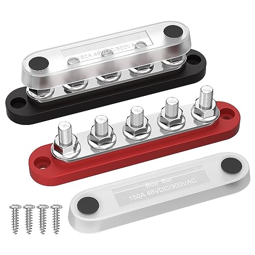 DaierTek Power Distribution Block with Cover Mini 5 x 1/4" Studs Bus Bar Terminal Block Max 150A 48V DC 300V AC Positive & Negative for Automotive Car Marine - size: 5M6+0S