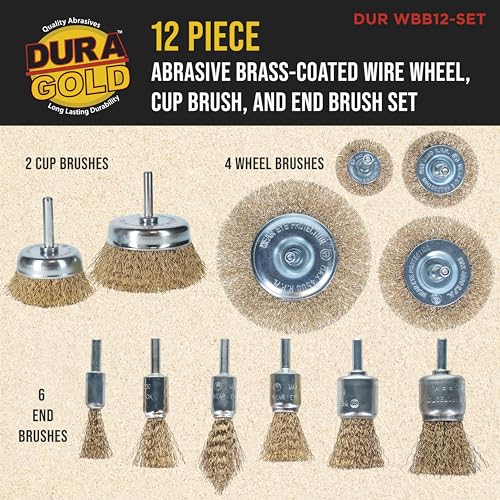 Dura-Gold 12-Pc Abrasive Brass-Coated Wire Wheel, Cup Brush, End Brush Set