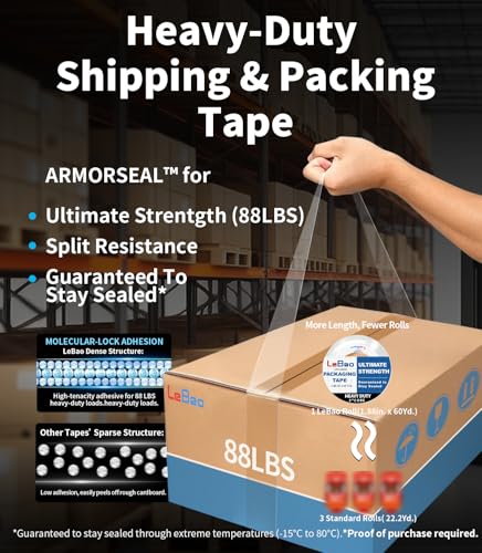 Heavy Duty Packing Tape with Metal Dispenser, 2.7 Mil Ultra-Thick Shipping Tape for Moving & Packaging, 1.88 Inch x 360 Yards, Crystal Clear Tape Refills for Boxes, Easy Start & Long-Lasting - size: 6-PACK, 60yd.x 1.88'' x 2.7mil thick