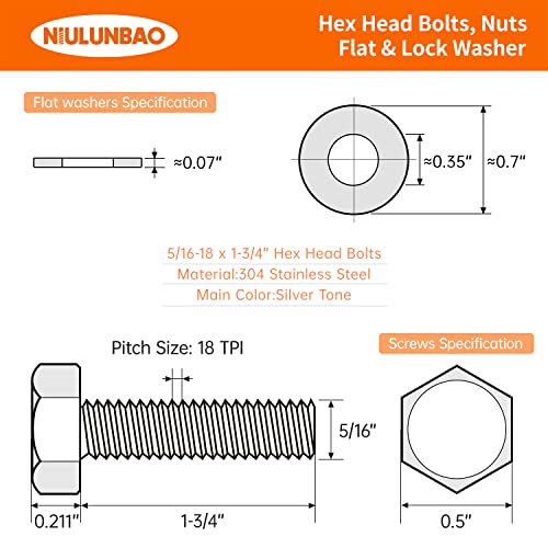 5/16-18 x 1-3/4" Hex Head Bolts Screws, Nuts, Flat and Lock Washers Assortment Kit, 304 Stainless Steel(18-8), Machine Fully Thread, Bright Finish 10Sets - size: 5/16-18 x 1-3/4" (10Sets)
