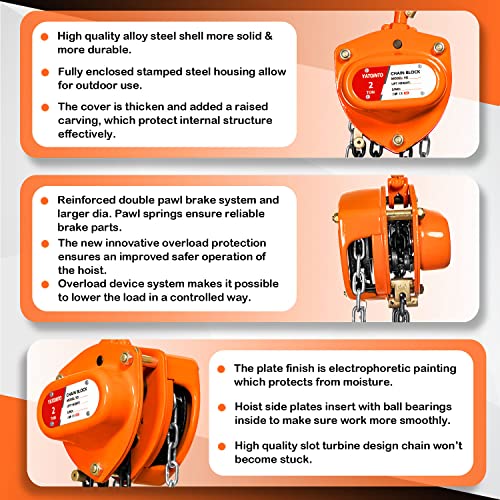 YATOINTO Chain Hoist 2 Ton(4400Lbs) Capacity 20FT Manual Hand Lift Steel Chain Block Hoist with 2 Heavy Duty Hooks Industrial Grade Steel Structures for Garages Automotive Machinery - size: 2 Ton - 20Ft