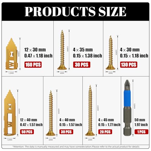 420 Pcs Self Drilling Drywall Anchors with Screws Kit, 2 Sizes Drywall Anchors and 4 Sizes Zinc Plated Screws, Holds Up to 100lbs, No Pre-Drill Needed, for TV, Shelf Straps, Picture Frames - size: 2 Sizes-420 PCS