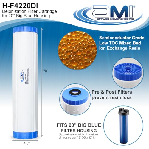 APPLIED MEMBRANES INC Deionization Water Filter Cartridge for Ultra Pure Water | 4.5"x20" DI Filter fits 20" Housing | High Purity | Great for Aquarium and Reef H-F4220DI - size: 4.5" x 20"