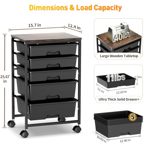 SUNALLY Rolling Carts with 5 Drawers, Storage Drawer Carts for Craft, Black - color: Black