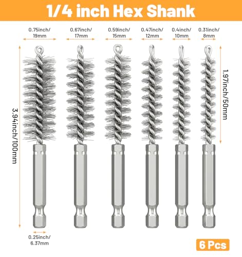 6 Pcs Round Wire Brush, Stainless Steel Bore Brush for Drill Tube Brushes