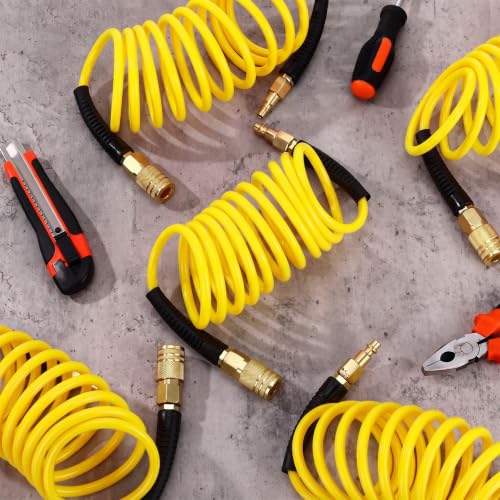 Flutesan 10 Pack 1/4 in x 10 ft Recoil Air Hose with Quick Coupler, Yellow - color: Yellow