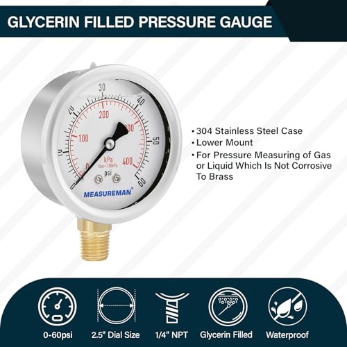 MEASUREMAN 2-1/2inch Dial Size, Liquid Filled Pressure Gauge, 0-60psi/kpa, 304 Stainless Steel Case, 1/4inNPT Lower Mount - size: 0-60 psi, style: Lower Mount