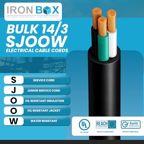 IronBox Electric 14/3 Bulk Cable - SJOOW Electrical Cable - 3 Wire Conductor, 15A, 300V - Water and Oil Resistant - Heavy Duty Portable Outdoor Extension Cord for Generator, HVAC System & More (250ft) - size: 50 ft