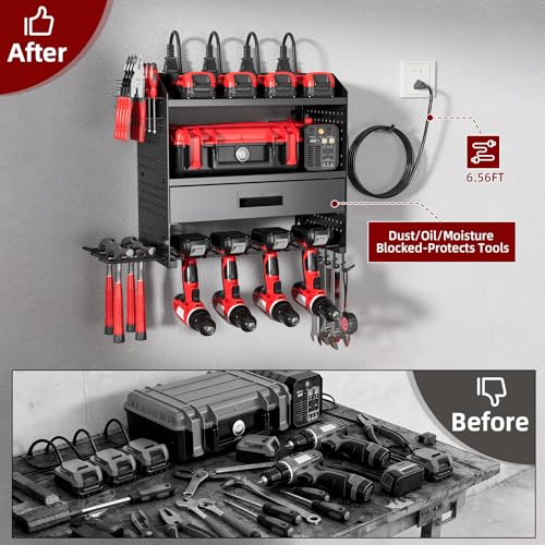 Power Tool Organizer Wall Mount with Charging Station & Drawers - size: Small