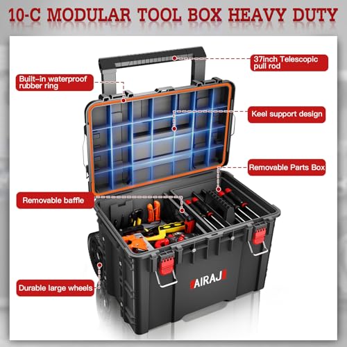AIRAJ 3 Tier Rolling Tool Box Heavy Duty, Stackable Tool Box with Wheels