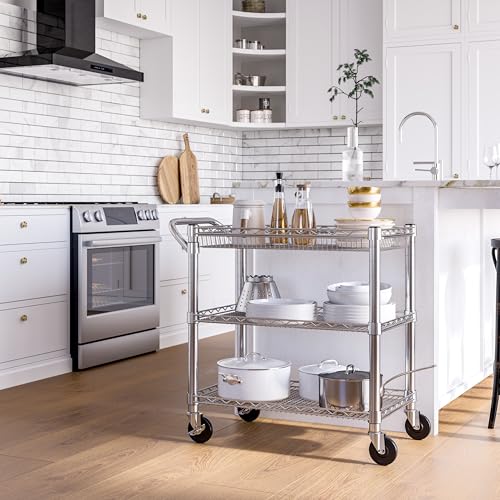 Seville Classics UltraDurable NSF Commercial Heavy Duty Metal Rolling Utility Cart, Handle Bar for Restaurant, Garage, Warehouse, Kitchen, Office, Deep Top Basket (34.8"W x 18.25"D) - color: Steel, size: 34.8" W x 18.25" D
