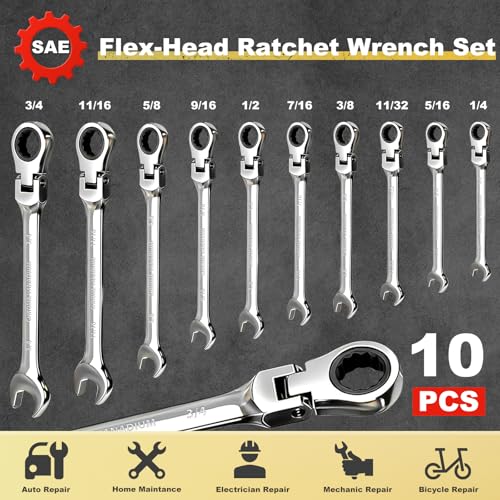 Egofine Flex Head Ratcheting Wrench Set 10 Piece, SAE Wrench Set, CR-V Steel 1/4" to 3/4" Wrench, 72-Teeth Combination wrench set, Chrome plated Ratchet Wrenches Set with Tool Roll Bag - style: SAE-10 piece set
