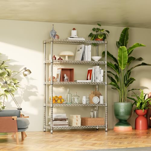 IZEUK 1750LBS Garage Shelving Wide Storage Shelves 5 Tier Metal Shelves Heavy Duty Adjustable Utility Shelf Rack (Chrome, 5 Tier, 15.7" D x 45.3" W x 70.9" H) - color: Chrome, size: 5 Tier, 15.7" D x 45.3" W x 70.9" H