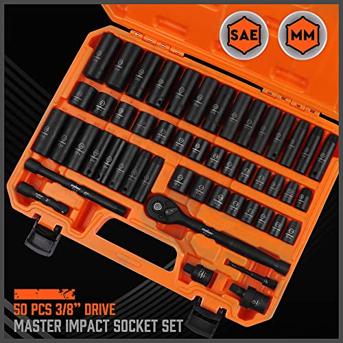 HORUSDY 50-Piece 3/8" Drive Impact Socket Set, Standard SAE (5/16 to 3/4 inch) and Metric (8-22mm) Size, 6 Point, Cr-V, 3/8-Inch Drive Ratchet Wrench, Drive Extension Bar, Impact Universal Joint - color: 50 Pcs 3/8" Orange