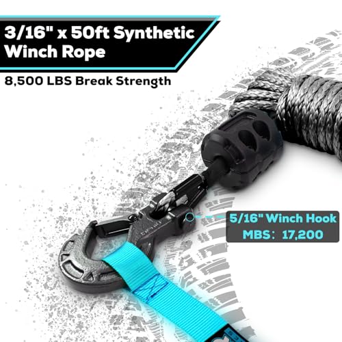 3/16" x 50ft Synthetic Winch Rope Cable Kit, 8500LBS Winch Rope with Protective Sleeve + Forged Winch Hook + Rubber Stopper and Safety Pull Strap for ATV UTV (Gray) - color: gray, size: 3/16"x50ft