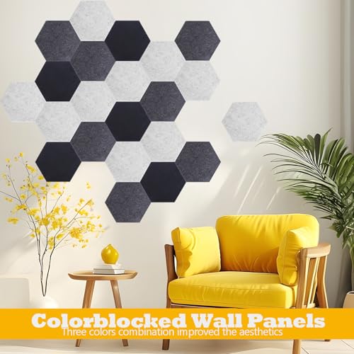 Acoustic Panels, Magrowill 12-Pack Soundproof Wall Panels 14 X 12 X 0.4 Inches, Sound Absorbing Panels with Full Self-Adhesive, Interior Wall Decor Felt Tiles Board - color: 01-Black/ Dark Gray/ Silver, size: Large Hexagon