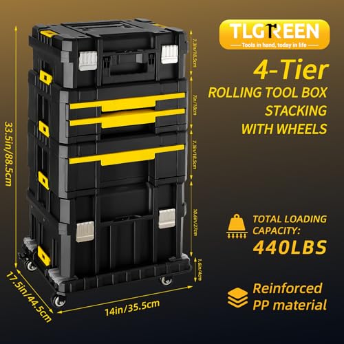 TLGREEN 4-Tier Stackable Rolling Tool Box with Wheels and Drawers