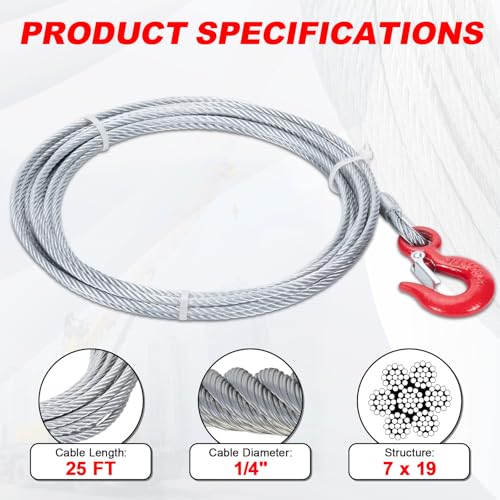 1/4" x 25' Steel Winch Cable, 7x19 Winch Rope with Safety Hook - size: 1/4"x25ft