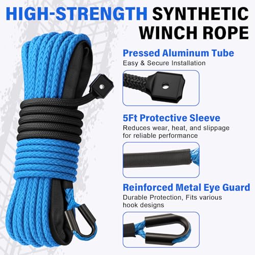 Synthetic Winch Rope Kit - 1/4" x 50' 10000 lbs Synthetic Winch Cable for ATV UTV Off-Road Vehicles with Forged Hook, Rubber Stopper, Protective Sleeve and Safety Pull Strap - Blue - color: Blue, size: 1/4'' x 50'