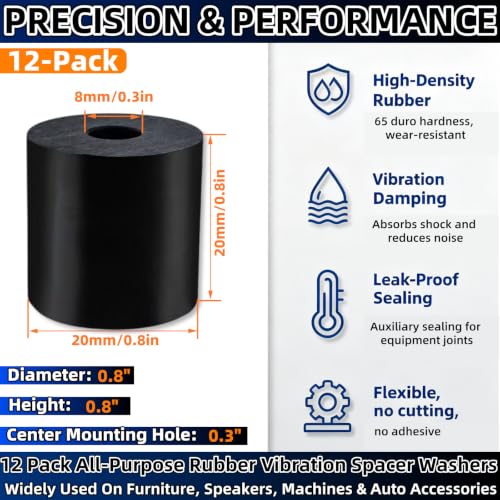 12 Pcs Round Rubber Spacers & Rubbers Bushings,0.8" OD × 0.3" ID × 0.8" Thick,Washer Anti Vibration Pads Thick Rubber Pad,Multi Purpose Mechanical Vibration Damping Isolators for Bolts,Car,Boat,Home