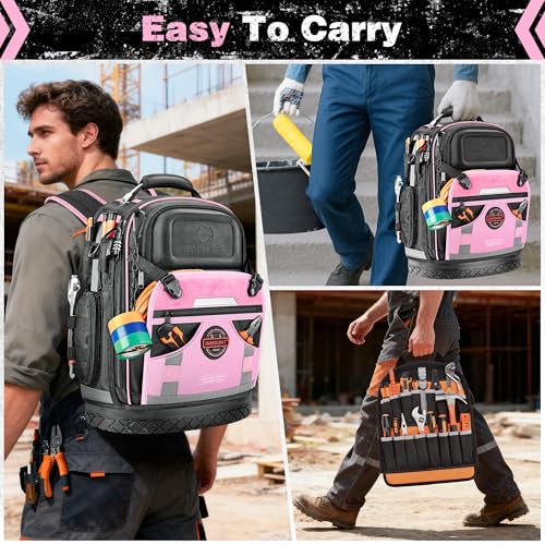 Tool Backpack Bag, Electrician Tool Bag 78-Pockets & Loops Tools Bag HVAC Tool Bags for Men, Heavy Duty Storage Construction tools Backpack (style1-Pink) - color: Pink