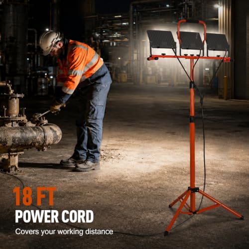 30000 Lumen LED Work Lights with Stand - 3 Adjustable Head Waterproof Foldable Tripod Light, 6500K Daylight (47-68" Height) & 18FT Cord - IP66 Rated for Construction Sites, Garage, Outdoor (Orange)