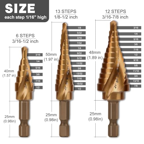 COMOWARE 3PCS M35 Cobalt Step Drill Bit Set with 1/4" Hex Shank, Automatic Center Punch, Two-Flute Impact Design, Ideal for Metal, Stainless Steel, Wood, Plastic - style: 3Pcs Cobalt - Hex Shank
