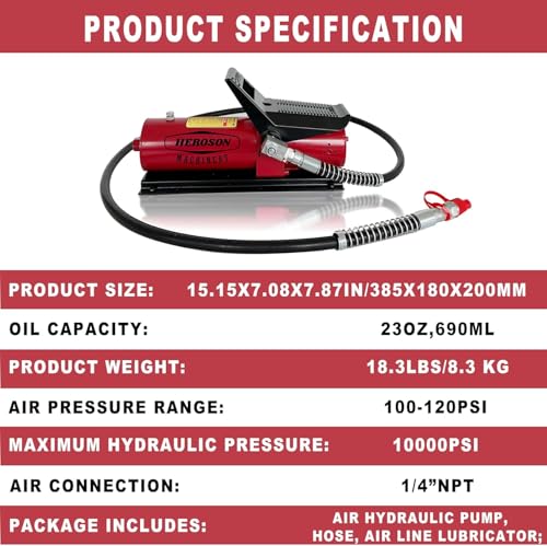 HEROSON High Pressure Pneumatic Pump, 10,000 PSI, 0.7L Reservoir, NPT 3/8" Oil Outlet, NPT 1/4" Inlet, Foot Operated Air Hydraulic Pump - color: red
