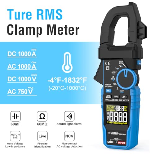 Digital Clamp Meter Multimeter with Inrush | AC DC Current Amp Meter,1000A True RMS,6000 Counts,VFD, LOZ Mode, Voltmeter, Continuity Tester Capacitor, Measures Current Voltage Temperature