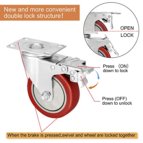 4 in Heavy Duty Casters,1800 lb Set of 4,Locking Swivel Wheels - size: 4 inch