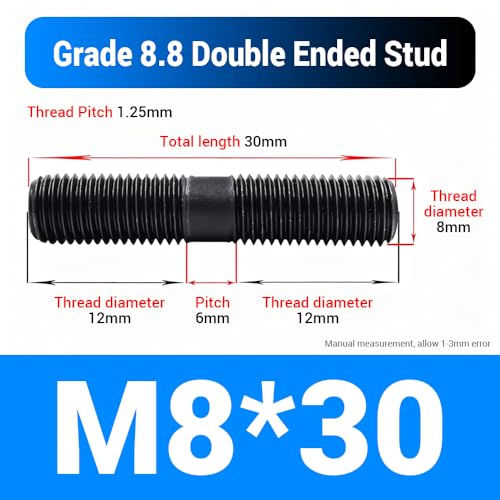 80pcs M8*30mm Double End Threaded Stud, Grade 8.8 Carbon Steel Black Oxide Finish Equal Long Threaded Rod Bar for Furniture Industrial Maintenance Connection Fasteners - size: M8*30-80PCS
