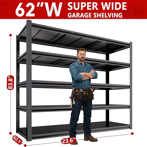 Extra Large 84" Hx 62.12" Wide x 24" D Adjustable Industrial Metal/Steel 5-Shelf-Storage-Rack Heave Duty Utility Tall Garage/Warehouse Shelving Shelves Unit/System for Bin/Shed, Black - size: 5T-83.8"H×62"W×23.6"D