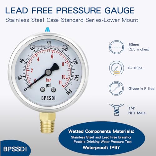 0-160 Psi Glycerin Liquid Filled Low Pressure Gauge, 2.5" Dial Size, 1/4" NPT Lower Mount, 304 Stainless Steel Case, for Water Pump, Pneumatic Air, RV Hose, Gas Pressure Test - size: 0-160 psi, style: Lower Mount
