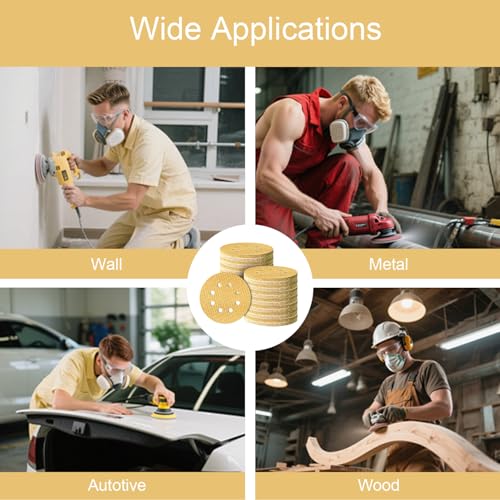 110Pcs 5 Inch Hook and Loop Sanding Discs | 8-Hole Dust-Free, 220 Grits Yellow Diamond | 135G Latex Backing | for Wood/Metal/Auto