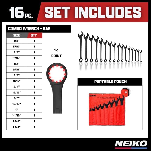 Neiko 03574A Jumbo Combination Wrench Set | 16 Piece | SAE | 1/4” to 1-1/4” | Raised Panel Construction - size: 16 Piece, style: SAE