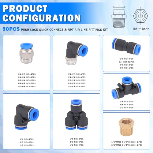 90 Pcs Quick Connect Air Line Fittings Kit Pneumatic Air Fittings - color: Black-90PCS