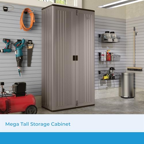 Suncast Mega Tall Storage Cabinet for Garage Organization - 31 Cu. Ft. Lockable Utility Closet with 3 Adjustable Shelves for Garden Supplies & Outdoor Tools, Multi-Wall Resin Construction, Platinum