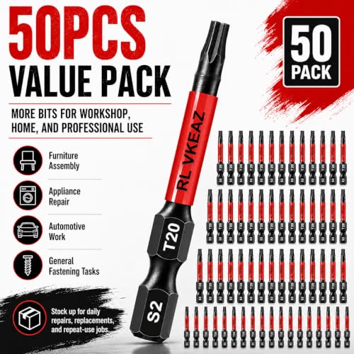 50-Pack T20 Torx Bit, RLVKEAZ 2-Inch Magnetic T20 Bits for Impact Driver - style: T-20 50-piece supply of 2-inch magnetic T20 Torx bits for compatible impact drivers, drill drivers, and bit holders. Each bit is made from S2 alloy steel with a CNC-machined