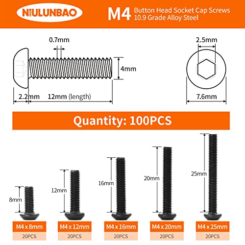 M4 x 8mm 12mm 16mm 20mm 25mm Button Head Socket Cap Screws Bolts, 10.9 Grade Alloy Steel Metric, Black Oxide Finish, Allen Hex Drive, Machine Fully Threaded, Assortment Kit 100PCS - size: M4 x 8/12/16/20/25mm (100PCS)