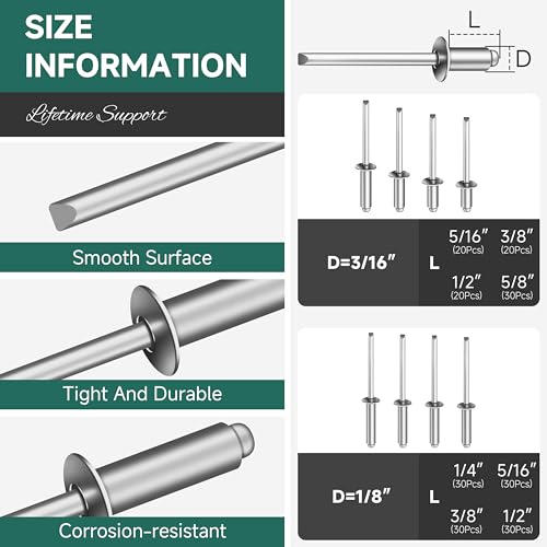 (210Pcs) 1/8" 3/16" Blind Pop Rivets Assortment Kit, 8 Sizes 3/16" 1/8" Aluminum Grip and Steel Mandrel Pro Blind Rivets for Metal