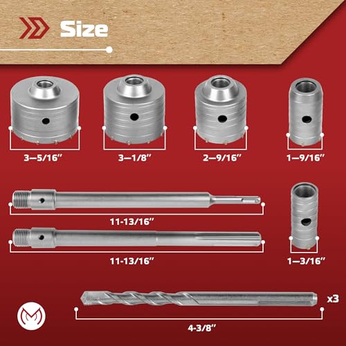 10PCS Concrete Hole Saw Kit with 3 Drill Bits and SDS Plus & Max Shank, Masonry Hole Saw Kit Size 30, 40, 65, 80, 100 MM for Brick, Block, Concrete Drilling.