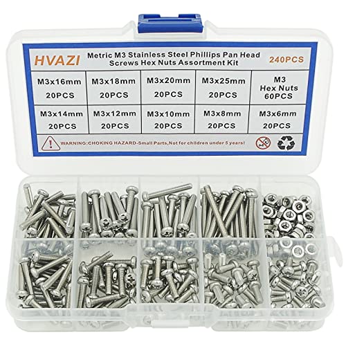 240PCS Metric M3 304 SS Phillips Pan Head Machine Screws & Nuts Kit - size: M3