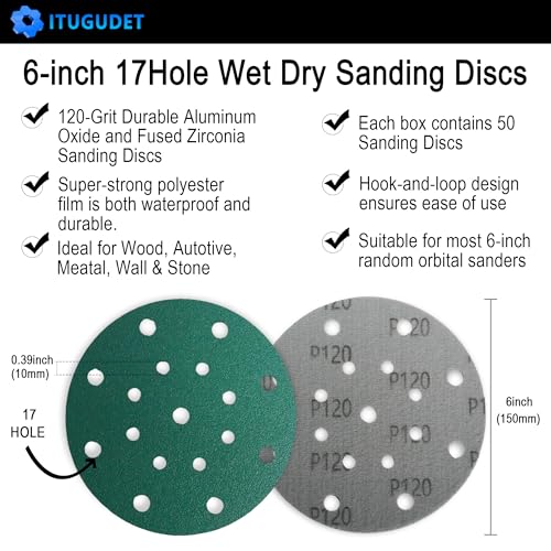 6 Inch 17 Hole 120 Grit Zirconia Alumina Hook & Loop Sanding Discs, Heavy-Duty Polyester Film Backing, Wet/Dry Anti-Clog for Random Orbital Sanders - Wood, Automotive, Metal - 50 Pack - color: 120 Grit, size: 6 Inch 17 Hole
