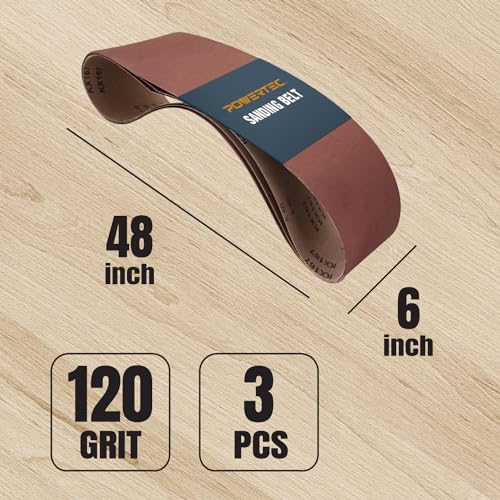 POWERTEC 3PK 6 x 48 Inch Sanding Belts, 120 Grit Aluminum Oxide 6x48 Belt Sander Sanding Belt for Bench Belt Sander, Woodworking & Paint Sanding, Metal Polishing (110213)