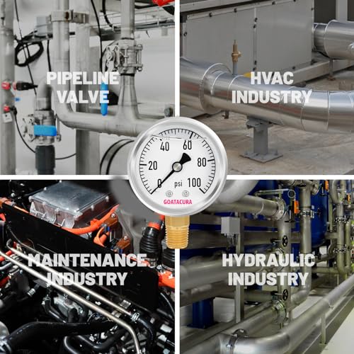 0-100psi Glycerin Filled Pressure Gauge, 2" Dial Size, 304 Stainless Steel Case, 1/4" NPT Lower Mount, with High Accuracy, for Measuring Water Air Hydraulic Pressure - size: 0-100psi, style: BRASS
