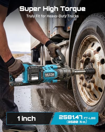Seesii Cordless 1 inch impact gun 2581.47 FT-LBS(3500 N.m) High Torque Impact Wrench 7.88" Extended Anvil with 21V 2x5.0 Ah Battery, 5 Sockets&storage bag, for Truck,Tractor&Agri-Service,Construction - color: 2581.47 Ft-lbs / 2x5.0ah Battery